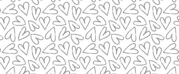 Cute romantic minimalist simple seamless pattern with hand drawn silver ink grunge hearts in outline. Background for Valentines day  wedding.