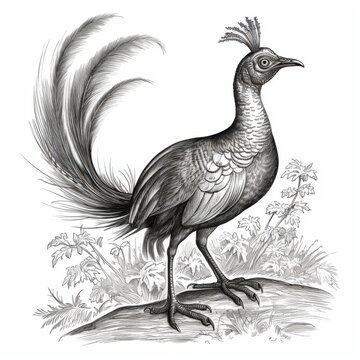 recommend clip art: Black and white Vintage engraved art of a lyrebird isolated on white background, ink sketch illustration, simple vector art design, highly detailed line art, high contrasty