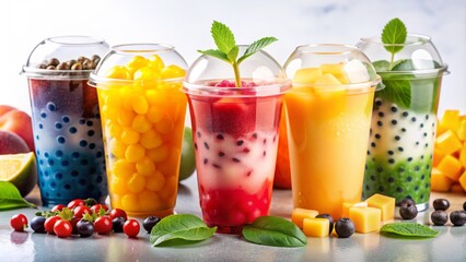 Vibrant assortment of colorful bubble tea drinks in plastic cups with fruit purees, boba pearls, and mango ice cubes on white background.