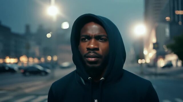 Mysterious man in hoodie on city street at night