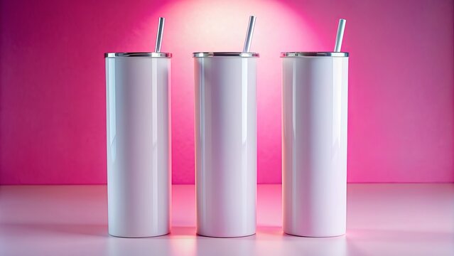 Illuminated pink background showcases three white 20oz straight skinny tumblers with matching lids in a sleek, minimalist, modern arrangement.