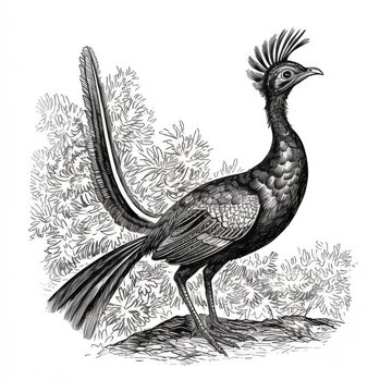 recommend clip art: Black and white Vintage engraved art of a lyrebird isolated on white background, ink sketch illustration, simple vector art design, highly detailed line art, high contrasty. 
