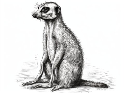 recommend clip art: Black and white Vintage engraved art of a meerkat isolated on white background, ink sketch illustration, simple vector art design, highly detailed line art, high contrasty 
