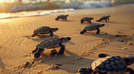 Newly hatched baby turtles running on the sandy seashore in their natural habitat