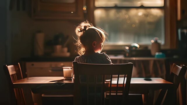 Children are affected by social problems. A child sitting alone at an empty dining table in the kitchen