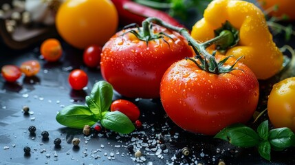 Fresh tomatoes and peppers with basil