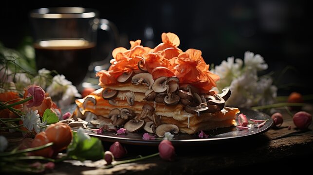 A cup of mushroom coffee on the table, surrounded by mushrooms and coffee bea  
