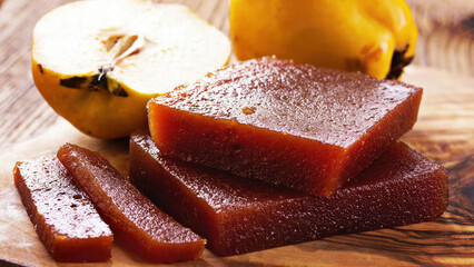 Quince. Tasty sweet quince paste and fresh fruit, close-up. Traditional Spanish quince paste as fruit bread with quince in close-up on a wooden board