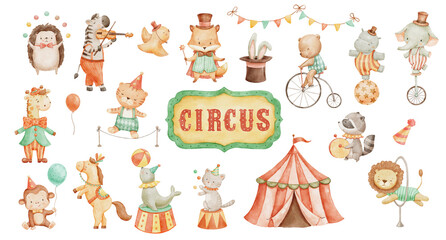 Cute circus animals set, watercolor illustrations for nursery. Woodland baby lion, cat and bunny in magic hat. Hana drawn clipart collection isolated on white © Elena