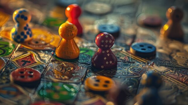 Close up of a game of Ludo in progress