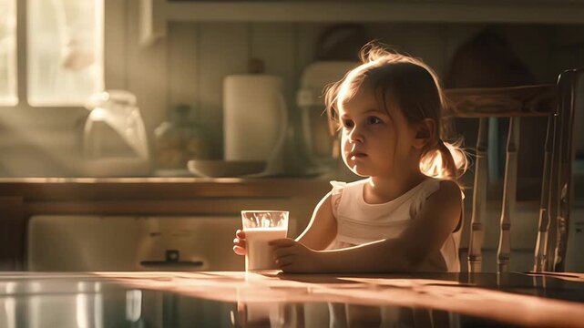 Children are affected by social problems. A child sitting alone at an empty dining table in the kitchen