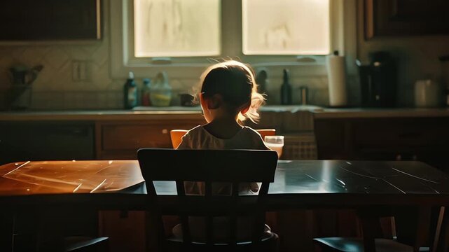 Children are affected by social problems. A child sitting alone at an empty dining table in the kitchen