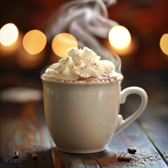 A steaming cup of hot chocolate topped with whipped cream, exuding warmth and indulgence. AI generated image.