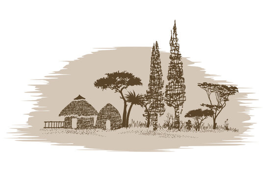 African village silhouette with african landscape on grey background. Vector illustration	
