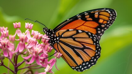 Fototapeta premium Monarch butterfly gracefully fluttering its wings while feeding on a pink flower in the sun, showcasing nature's beauty in action