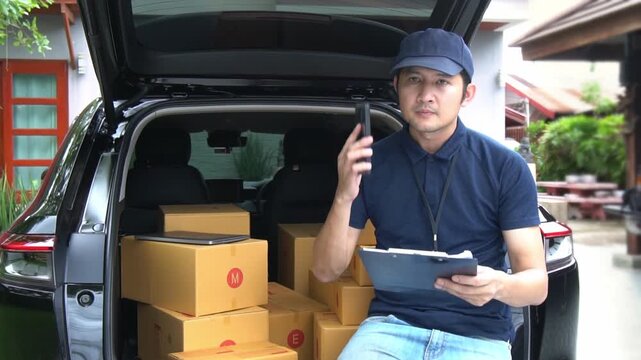 Delivery worker calls customer to arrange delivery at home, home delivery service concept.