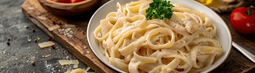 Delicious creamy fettuccine alfredo pasta, garnished with parsley, served on a white plate on a rustic wooden table.