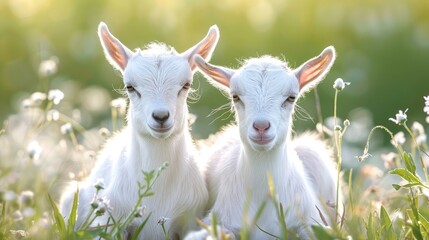Obraz premium Two young goat kids enjoying summer on the farm