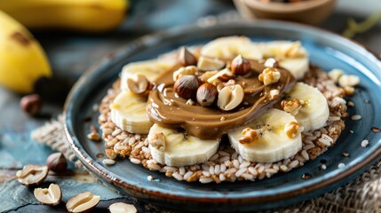 Brown rice cracker topped with almond butter bananas and hazelnuts Nutritious breakfast or energizing snack option