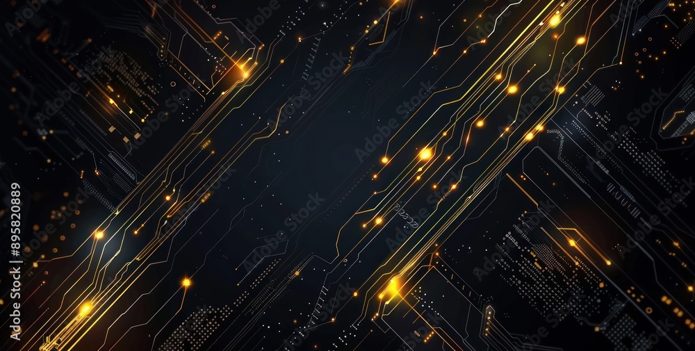 Poster abstract circuit board with golden lines and glowing points