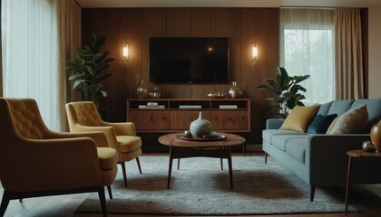 A contemporary living room with a mid-century modern design, showcasing a sofa, abstract artwork, and cozy lighting from a floor lamp and windows