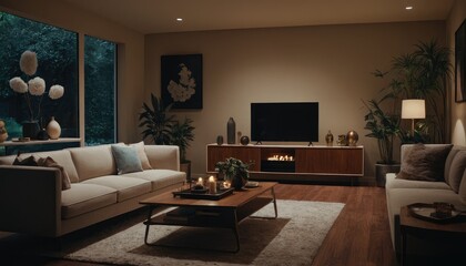 A contemporary living room with a mid-century modern design, showcasing a sofa, abstract artwork, and cozy lighting from a floor lamp and windows