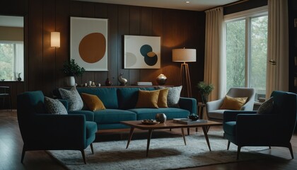 A contemporary living room with a mid-century modern design, showcasing a sofa, abstract artwork, and cozy lighting from a floor lamp and windows