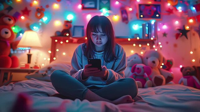 Teens and cyber bullying. Upset teen girl sitting on floor in her bedroom holding a phone. Being bullied on the internet in cyber space