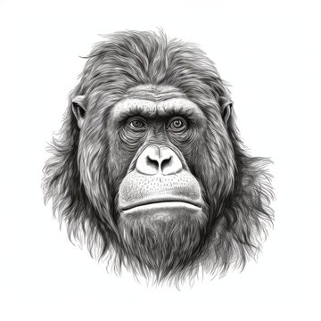 recommend clip art: Black and white Vintage engraved art of a portrait of an orangutan isolated on white background, ink sketch illustration, simple vector art design, highly detailed line art, high contrasty.