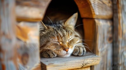 Close up of a domestic cat sleeping inside a wooden house with a cat shaped entrance
