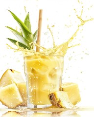 Sugarcane juice splashing out of a glass with a straw on a white background