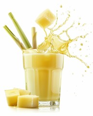 Sugarcane juice splashing out of a glass with a straw on a white background