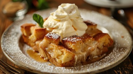 Plate of bread pudding topped with cream