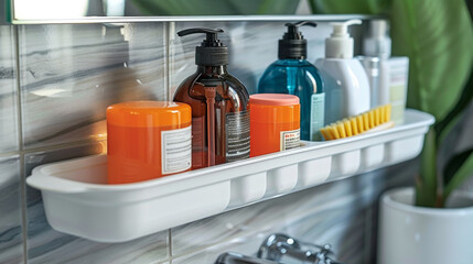 A bathroom shelf neatly organized with various toiletries and beauty products, providing a clean and tidy look.
