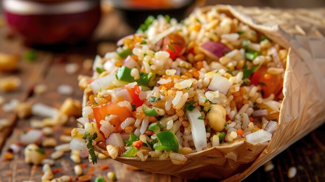 Savoury street snack bhelpuri chat with puffed rice onions tomatoes and vegetables served in a paper cone selective focus