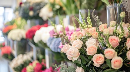 Obraz premium Close up interior shots of a flower shop with a soft focus capturing the luxury lifestyle with a large florist bouquet as the backdrop