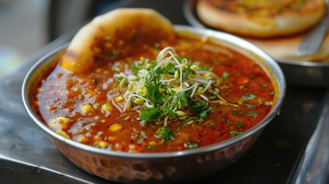 Famous Maharashtrian Street Food Misal Pav with Spicy Curry Sprouts and Bread Kolhapur Nasik Pune Speciality