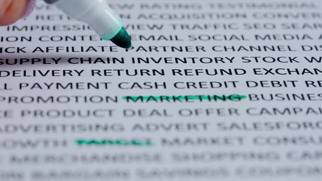 Close up shot of woman hand working with document, green marker in female hand marked highlighted several words in text.