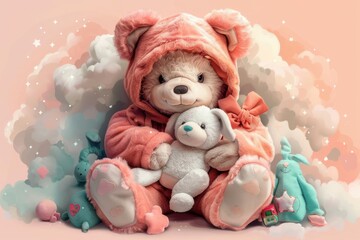 A single bear plush toy dressed in a pink hoodie, holding a white rabbit plush toy, set against a dreamy background with pastel clouds, stars, and adorable accessories.