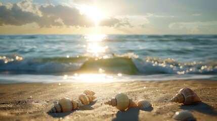 Obraz premium Soft sunlight breaking over the horizon, illuminating a peaceful beach with gentle waves and seashells gleaming on the sand, creating a warm and inviting atmosphere.