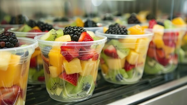 Fruit salad in plastic cups showcased in a commercial refrigerator