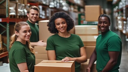 A group of volunteers with donation boxes of humanitarian aid in a warehouse - Powered by Adobe