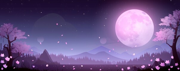 Fototapeta premium Cherry blossom trees in full bloom under a starry night sky their petals gently falling captured in vibrant anime style with rich colors and delicate lighting