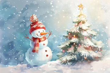 Fototapeta premium Christmas greeting card with bright winter holiday snowman and New Year background
