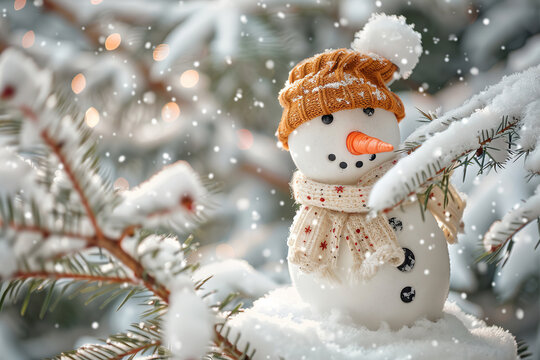 Christmas greeting card with bright winter holiday snowman and New Year background