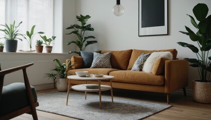 A modern living room designed with a sofa, neutral pillows, and minimalist decor. The space includes indoor plants, floor lamps, and framed artwork on the walls