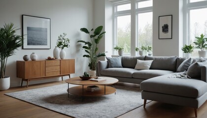 Fototapeta premium A modern living room designed with a sofa, neutral pillows, and minimalist decor. The space includes indoor plants, floor lamps, and framed artwork on the walls