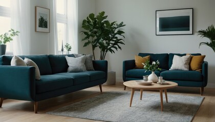 Fototapeta premium A modern living room designed with a sofa, neutral pillows, and minimalist decor. The space includes indoor plants, floor lamps, and framed artwork on the walls