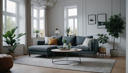A modern living room designed with a sofa, neutral pillows, and minimalist decor. The space includes indoor plants, floor lamps, and framed artwork on the walls