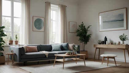 A bright and airy living room featuring a couch, white cushions, and wooden furniture. The room is decorated with potted plants, framed art, and soft lighting